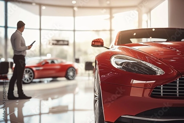 Fototapeta A sleek, red automobile stands prominently in a car rental showroom. An adult individually inspects the vehicle while considering various rental options and pricing, enve