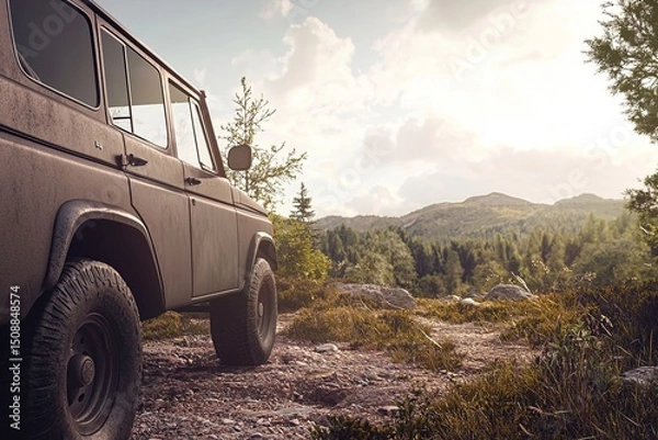 Fototapeta A scenic outdoor setting with a car parked, ready for an adventure, highlighting freedom and exploration.