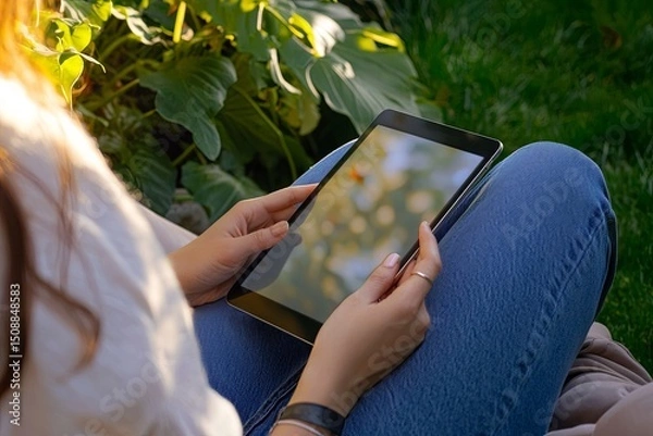 Fototapeta A person browsing various rental options on their tablet while relaxing outdoors.