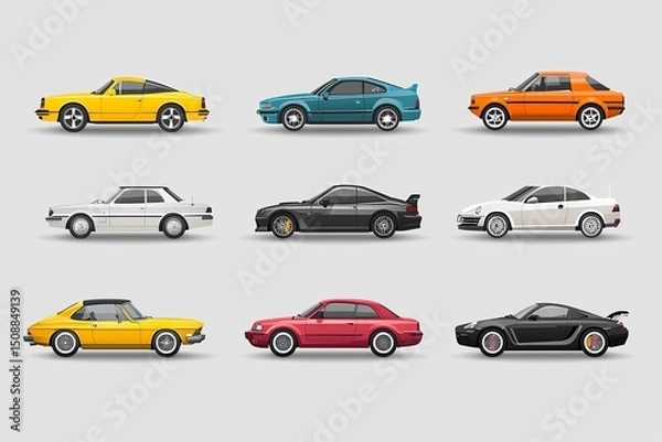 Fototapeta A vector design of various car icons showcasing different models available for rent. The bold colors and simplified forms attract attention, making it easy for clients to
