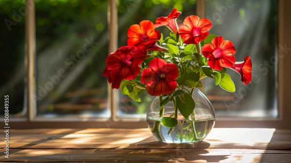 Obraz A stunning bouquet of red petunias in a clear vase on an oak table, illuminated by sunlight streaming through a window, creating beautiful shadows and highlights.