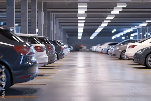 Fototapeta An overview of a car rental location with several cars lined up for selection. The environment feels professional yet approachable, perfect for modern clients seeking con