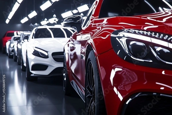 Fototapeta A sophisticated car showroom displays various models available for rent with bright lighting.