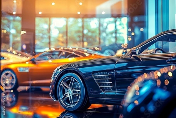 Fototapeta A sophisticated car showroom displays various models available for rent with bright lighting.