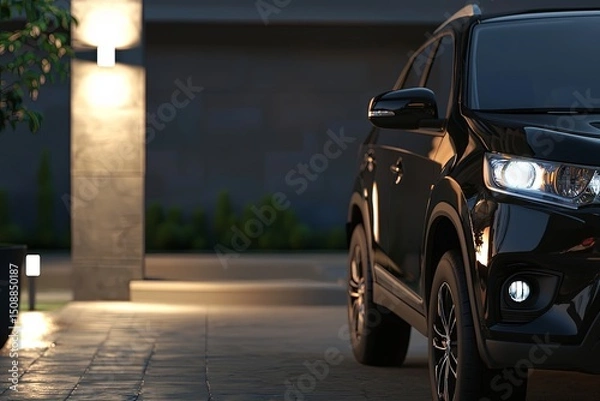 Fototapeta A sleek SUV in a lively parking area, where potential clients engage in discussions about the vehicle s benefits. The environment is friendly and inviting.