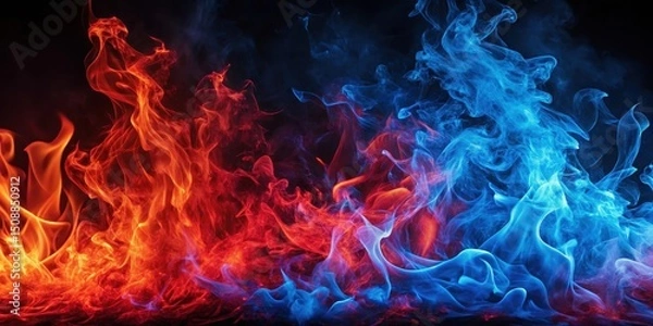 Fototapeta Vibrant red and blue flames engulf a dark background, with intense heat radiating from the fire, blaze, fierce,  blaze, fierce