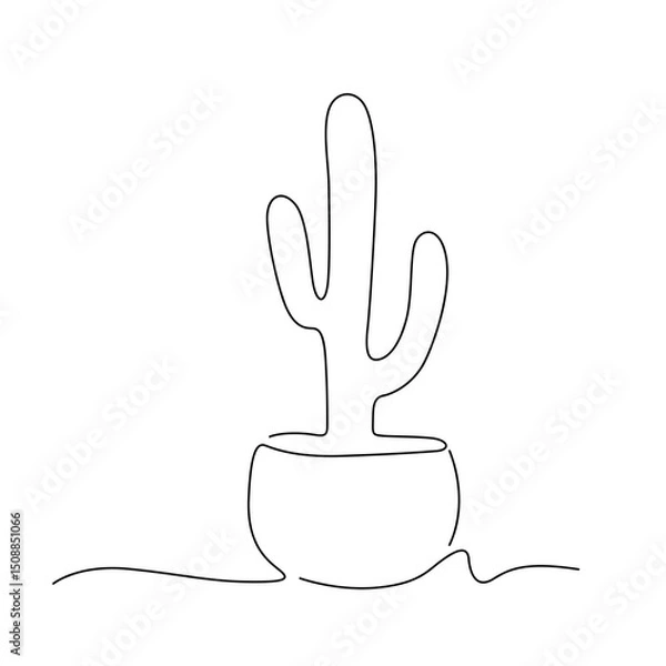 Fototapeta Simple cactus in flower pot line art illustration on white