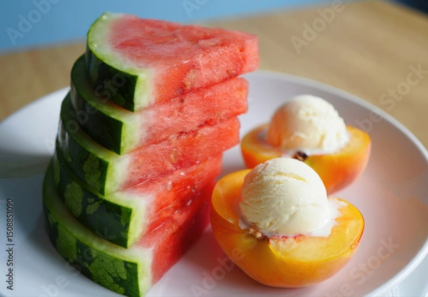 Fototapeta Delightful summer treat with perfectly stacked watermelon slices alongside two halved peaches topped with a scoop of creamy vanilla ice-cream