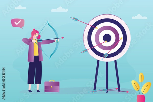 Fototapeta Confident businesswoman aiming target with bow and arrow archery to the target board. Business target and achievement concept. Archery, target, risk management.