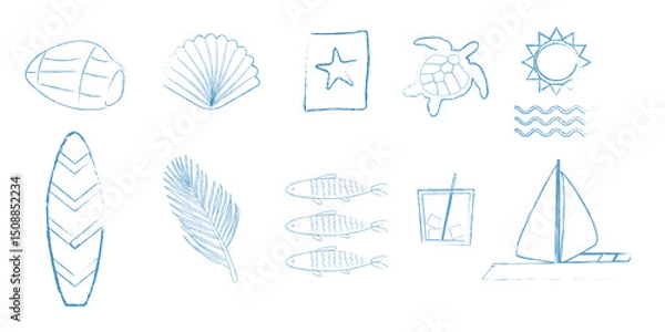 Fototapeta Summer set brush. Sun, sailboat, wavy, seashell, turtle, drink, surfboard, leaf, sardines, frame for travel hand drawn web design/ Vector illustration 