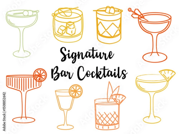Fototapeta Hand drawn signature bar cocktail illustrations. Vector line art of summer refreshing alcoholic beverages. Doodle style cocktail glasses for bar, menu, and party design.