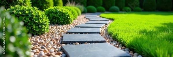 Obraz Neat slate pathways meander through a gravel garden bed, edged onto a manicured lawn , summer, landscape