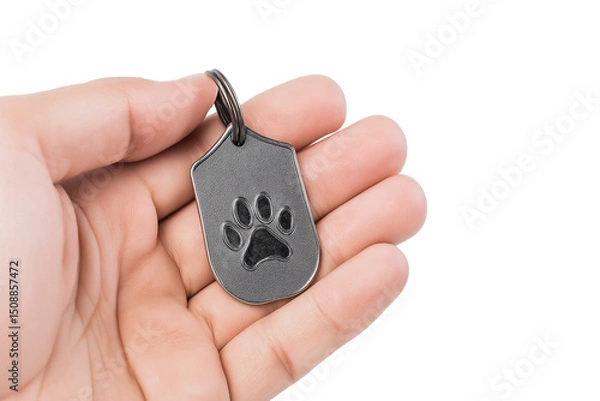 Fototapeta Hand holding pet tag with paw print on white background