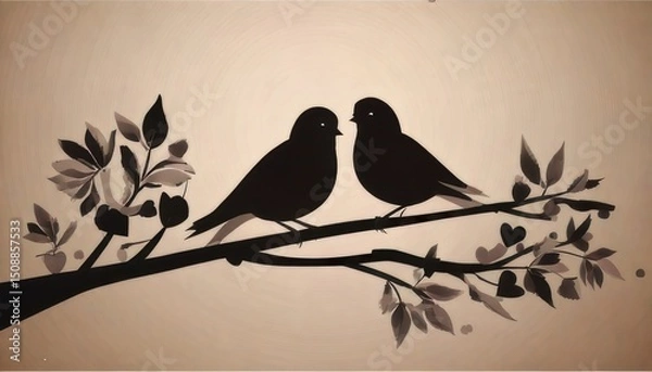 Obraz Two birds sit closely together on a branch, surrounded by stylized leaves and a soft, warm background.