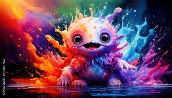 Obraz A cute, colorful creature splashes joyfully in water, surrounded by vibrant, swirling rainbow paint in a magical fantasy setting.