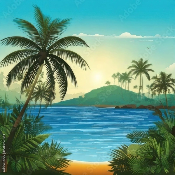 Obraz A tropical beach scene with palm trees, lush greenery, calm blue water, and distant hills under a bright sky at sunset.