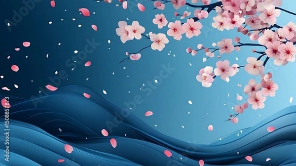 Fototapeta Elegant abstract blue background featuring soft wave lines and delicate sakura cherry blossom patterns, designed as a vector presentation template for modern, and nature-inspired themes in design use