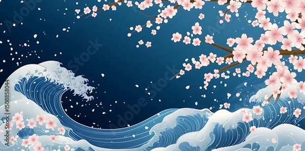 Fototapeta Elegant abstract blue background featuring soft wave lines and delicate sakura cherry blossom patterns, designed as a vector presentation template for modern, and nature-inspired themes in design use