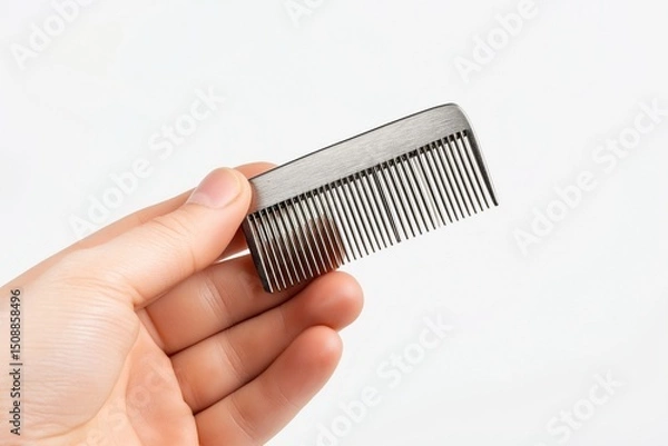 Fototapeta hand holding small grey comb isolated on white background