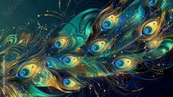 Obraz Elegant Peacock Feather Vector Background with Gold Sparkles and Ornate Decorative Flourishes