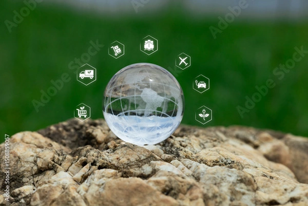 Fototapeta Clear Globe on Rock with Icons Representing Environmental Sustainability