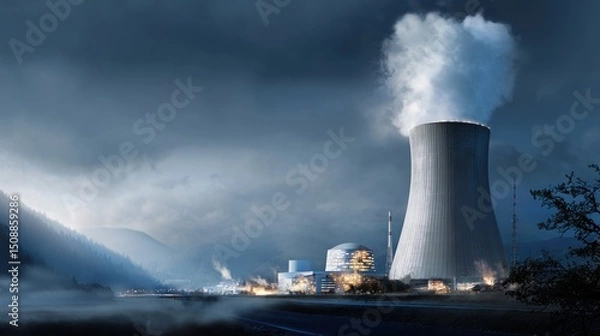 Fototapeta A nuclear power plant at night, illuminated by the glow of white steam rising from its towers and blue lights illuminating nearby buildings. In front is an active river with misty water. 