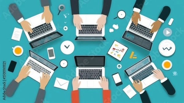 Fototapeta flat vector scene showing remote team video conferencing, online meeting, diverse colleagues using laptops, remote work technology