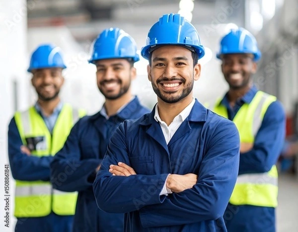 Fototapeta Smiling industrial workers in blue uniforms and hard hats