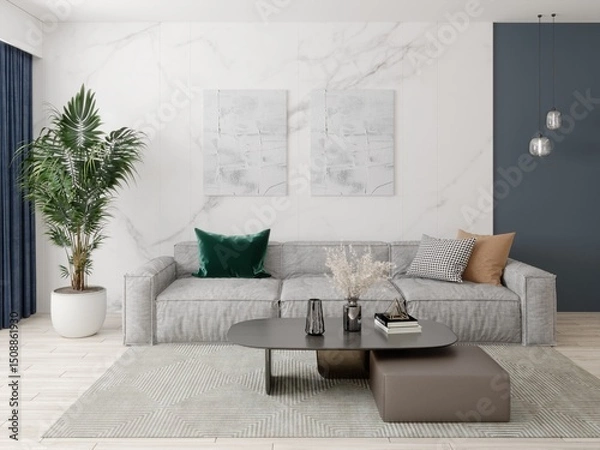 Fototapeta Mock up of a modern living room with a large comfortable sofa and a trendy background, 3D rendering.