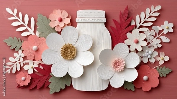 Fototapeta Colorful paper flowers and leaves are artfully arranged around a white paper jar, creating a vibrant and textured floral display on a red background