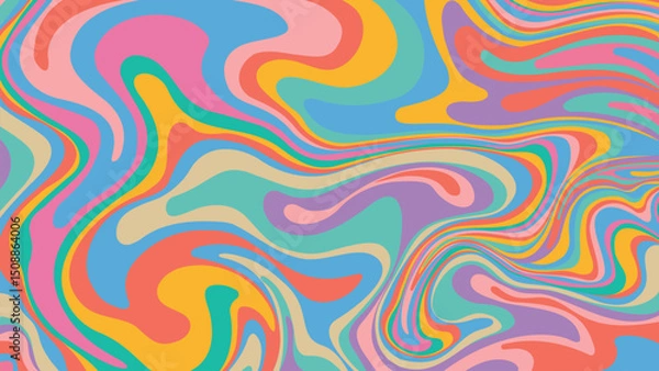 Fototapeta An abstract psychedelic swirl pattern featuring flowing lines and vibrant colors in a retro 60s and 70s style. This fluid art design evokes movement and creativity.