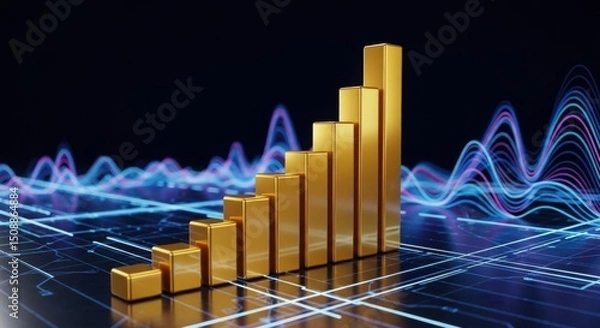 Fototapeta A 3D golden bar graph rising sharply from left to right on a dark tech background, glowing digital lines, futuristic business growth concept, no text, no logos, ultra high-resolution