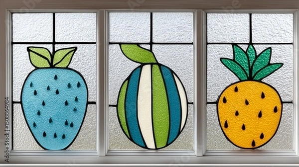 Fototapeta Sunlight illuminates a stained glass window featuring vibrant depictions of a strawberry, watermelon, and pineapple, adding a touch of playful artistry to the room