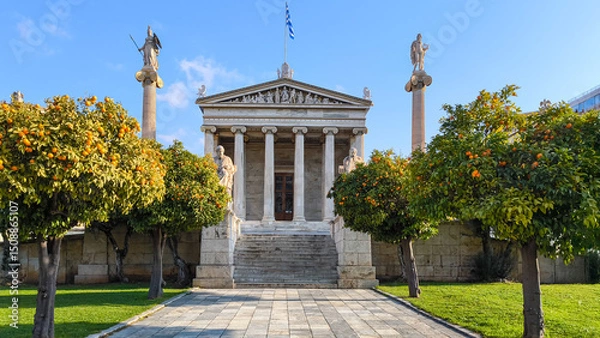 Obraz Facade of Athens Academy with statues of Plato and Socrates in front.