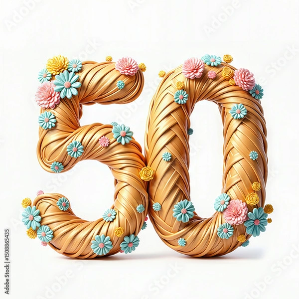 Obraz A golden 3D number 50 adorned with colorful flowers, celebrating a 50th birthday against a white background.