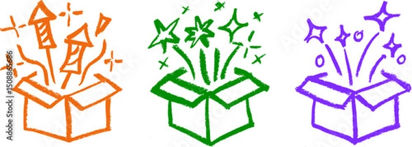 Obraz Gift Box Explosion Sparkle Surprise Crayon Chalk Drawing Vector Set