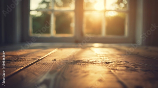 Obraz Close-up of a polished wooden tabletop showcasing rich grain texture, set against a blurred kitchen background, illuminated by soft sunlight.
