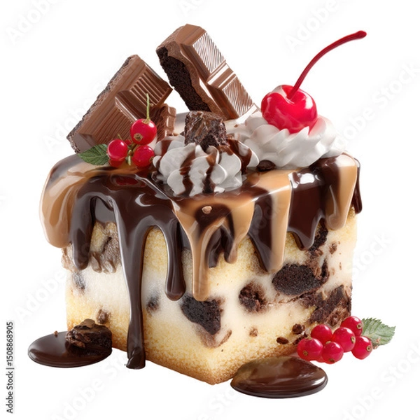 Obraz Delicious layered dessert featuring chocolate and vanilla flavors, topped with whipped cream, cherries, and chunks of chocolate. A perfect treat for anyone with a sweet tooth.