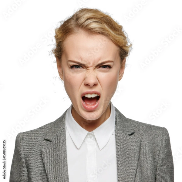 Obraz A blonde businesswoman wearing a gray blazer shows intense frustration, with her mouth open as if shouting. Her facial expression conveys strong emotions in a professional setting.