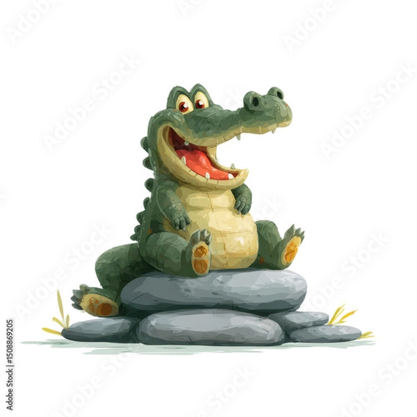 Obraz Cartoon alligator with wide smile sitting on gray stones, isolated on a transparent background