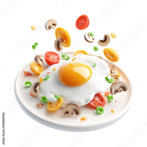 Obraz A flavorful combination of a fried egg topped with juicy tomatoes, sliced mushrooms, and fresh green onions is artfully arranged on a plate. The colors create a vibrant and appetizing dish.