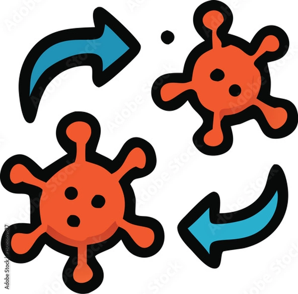 Obraz Two red viruses with blue arrows depicting transmission. Ideal for healthcare, medical, or sciencerelated projects, illustrating the spread of viruses
