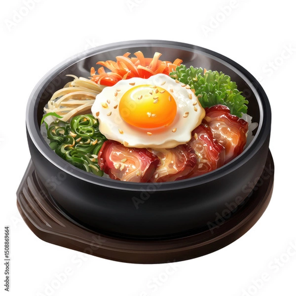 Obraz Richly colored bibimbap features fresh vegetables, marinated meat, and a perfectly fried egg, all served in a traditional dolsot bowl. This dish is visually appealing and packed with flavor.