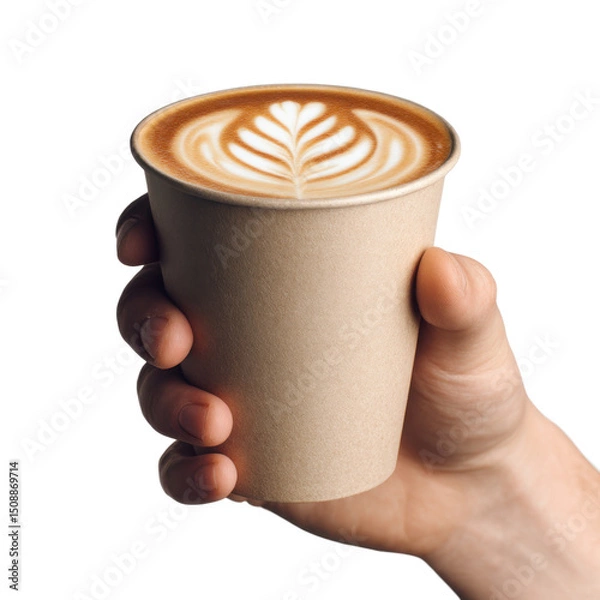 Obraz Paper coffee cup with decorative latte art in foam, held by hand, isolated on a transparent background