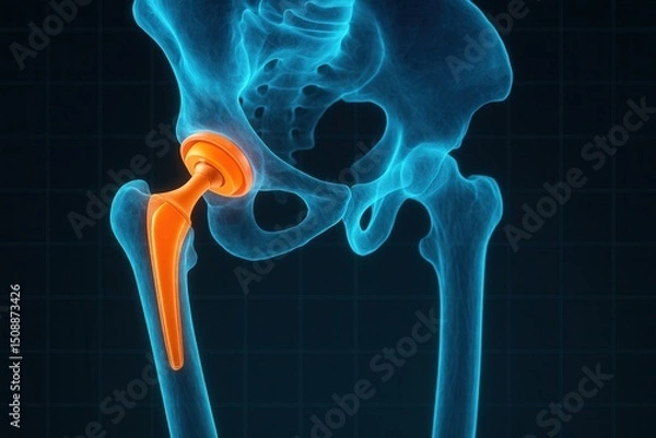 Obraz Artificial hip joint replacing damaged bone in x-ray view