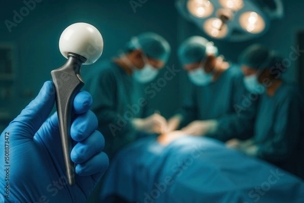 Fototapeta Surgeon holding hip prosthesis during surgery operation in operating room