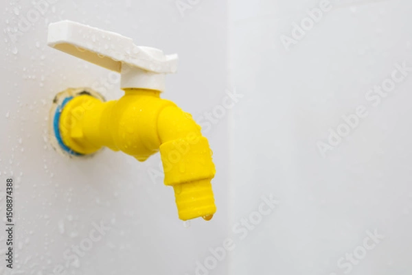 Fototapeta Yellow plastic faucet mounted on the wall in the bathroom