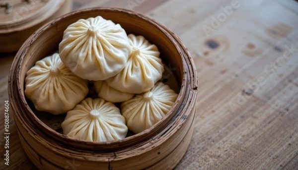 Fototapeta Steamed Dumplings Arranged Neatly in a Bamboo Steamer on a Wooden Surface