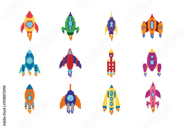 Fototapeta Colorful Battle Ship Pixel Rocket Spaceship Pixelated Icons Set