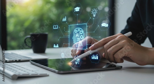 Fototapeta AI-Powered Learning: Woman Uses Tablet to Visualize Artificial Intelligence for Data Analytics, Education, and Innovation Indoors